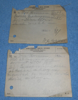Two 1929 Columbia Building Drug Store Written Prescriptions Coffeyville Kansas