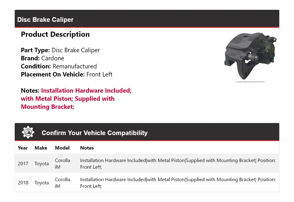 Pinza de freno de disco delantera izquierda cardone para Toyota Corolla iM 2017-2018 Foto 2 de 4