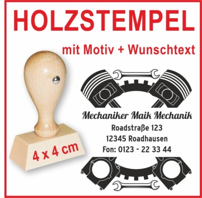 Holzstempel mit Wunschtext KFZ · 4 x 4 cm · Adressstempel ''WERKSTATT''
