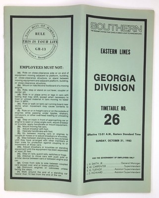 Okt. 1982 SOUTHERN RAILWAY GEORGIA DIVISION Mitarbeiter Fahrplan #26 Eastern Lines