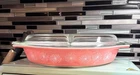 Vintage Pyrex Pink Daisy 1.5 qt Oval Divided Casserole Dish & Lid