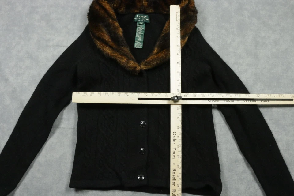 Lauren Ralph Lauren Sweater Womens Petite Small Faux Fur Collar Cable Cardigan - Image 4 of 4