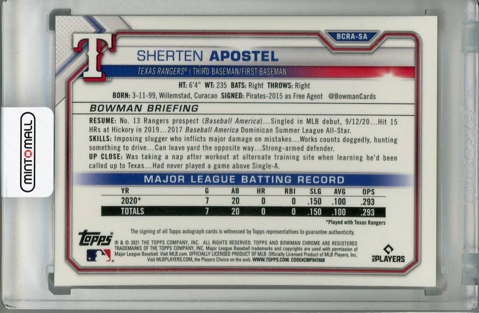 2021 Topps Bowman Chrome Texas Rangers Sherten Apostel Rookie Autographs - Image 2 of 2