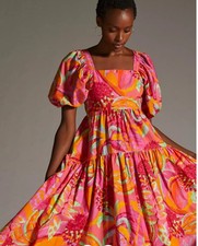 FARM Rio Tropical Midi Dress Puff Sleeve Smocked Cotton Side Zip~XL