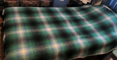 Foxford Ireland Wool Blanket Fringe Irish Plaid 65x58  Green White Black Vtg 