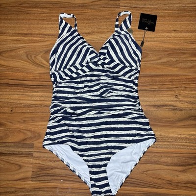 Nip Tuck Swim One Piece Swimsuit US 12 Blue Stripe Multifit Cup NWT