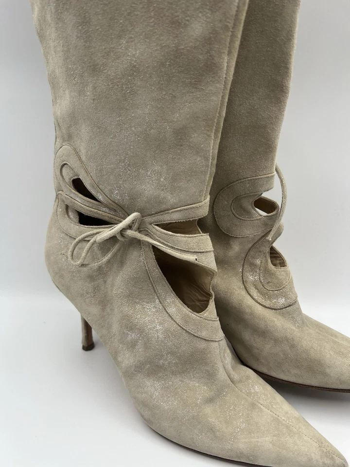 Jimmy Choo Vintage Tall Boots- Shimmer Suede- Bows + Open Loops At Ankle-sz 39 - Image 2 of 4