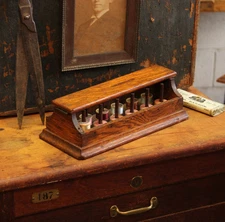 c.1900s Antique Oak Wood Sewing Box Spool Dispenser Cabinet w/ Deadstock Thread