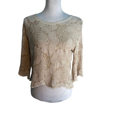 Solitaire cream floral embroidered lace boho crop scallop hem size large top