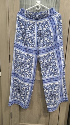 BCX Blue & White Baroque Wide-Leg Pants   Women s Medium /partially Lined