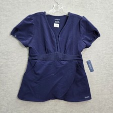 Jaanuu Women Scrub Top Small Blue Mock Wrap Tulip Keyhole Short Sleeve NWT