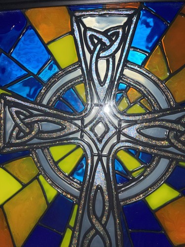 Celtic Cross Stained Glass Window Panel Rectangular Mid-Century Framed 10x12” - Picture 5 of 9