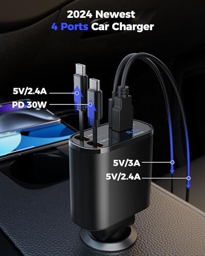 Retractable Car Charger for iPhone with Dual Dual Type C Retractable Cords - Picture 5 of 7