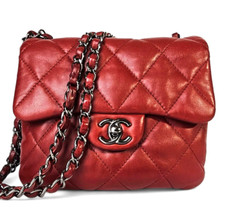 CHANEL CC Logo Mini Matelasse Double Chain Shoulder Bag Leather Red CC Quilted
