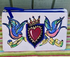 Brighton 2019 Love Of Art Birds Heart Crown Zip Top Canvas Cosmetic Bag