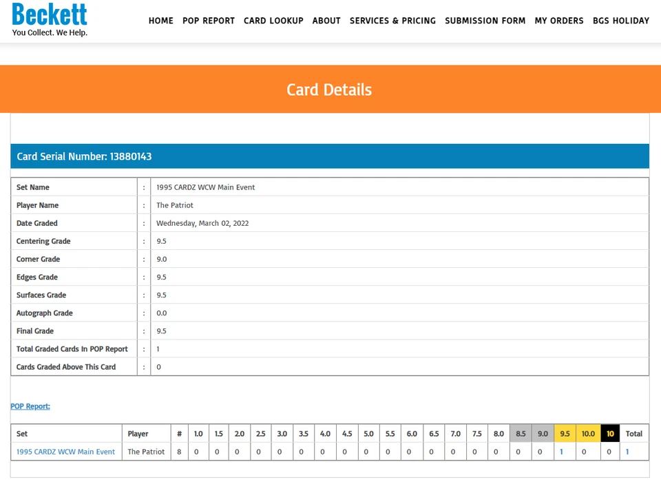 POP 1: The Patriot RC BGS 9.5: 1995 CARDZ WCW Main Event Rookie Card Gisto #8 - Image 3 of 3