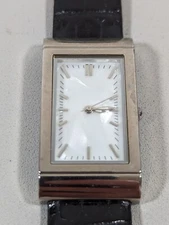White Pearlized Dial Silver Tone Rectangle Case Black Leather Band Watch