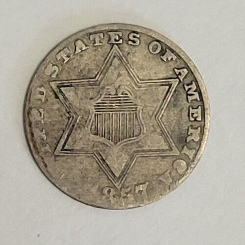 1857 Three 3 Cent Silver Coin - Afbeelding 1 van 2