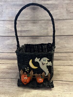 Vtg FTD Halloween Basket Black Wicker Jack O'Lanterns Pumpkins Ghost Black Cat