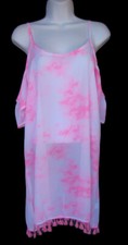MIKEN SWIM Size S Pink  White Colder Shoulder Fringed Cover Up NWT