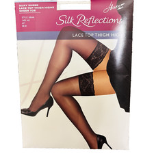 Hanes Silk Reflections Thigh Highs Size AB Style 0A444 Jet Lace Top Sheer Toe