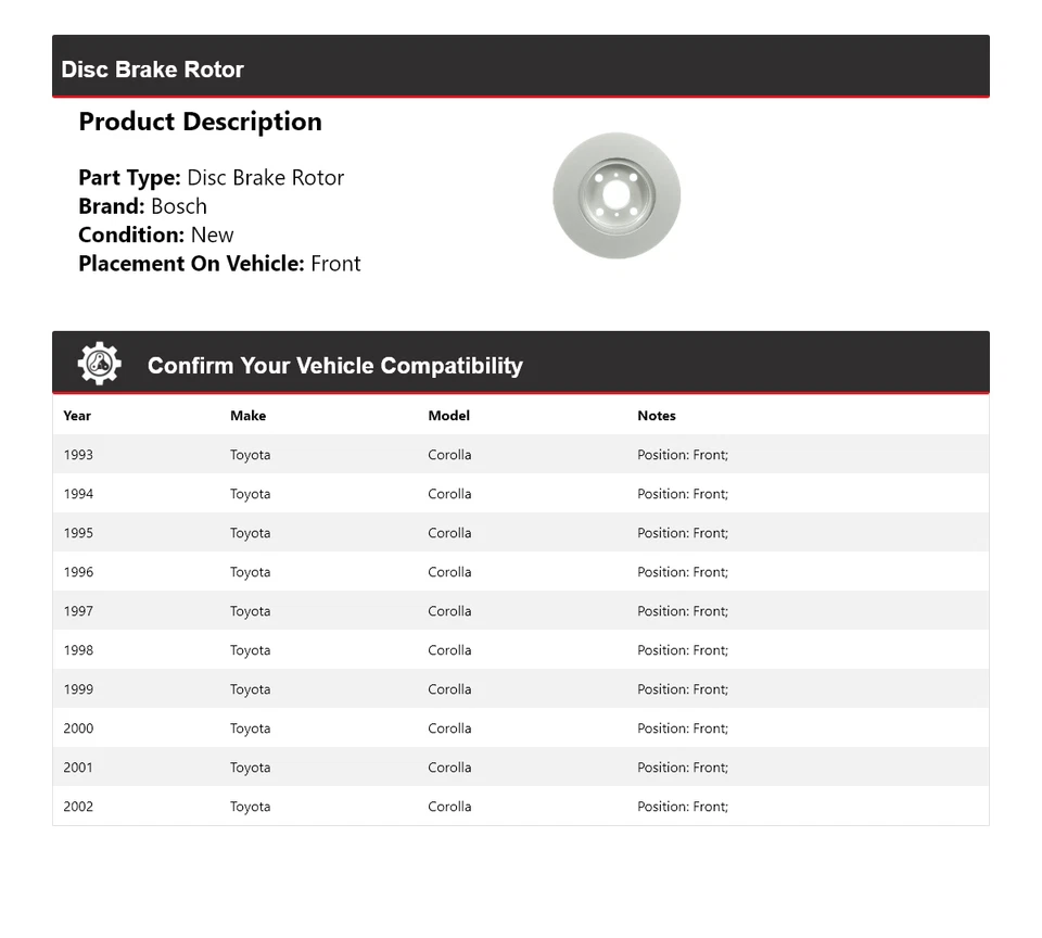 Rotor de freno de disco delantero QuietCast para Toyota Corolla Bosch 1993-2002 1994 1995 Foto 2 de 4