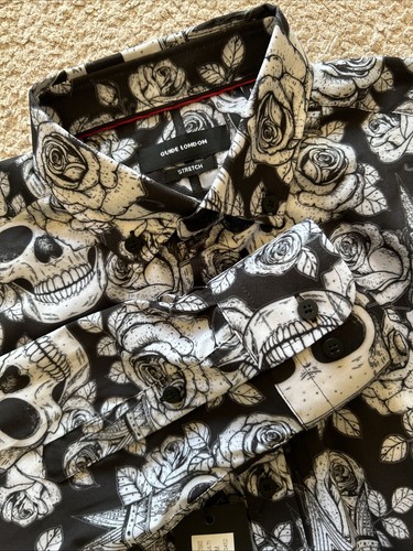 Guide London Stretch Shirt Skull Roses Print Occasion Long Sleeve Medium NEW