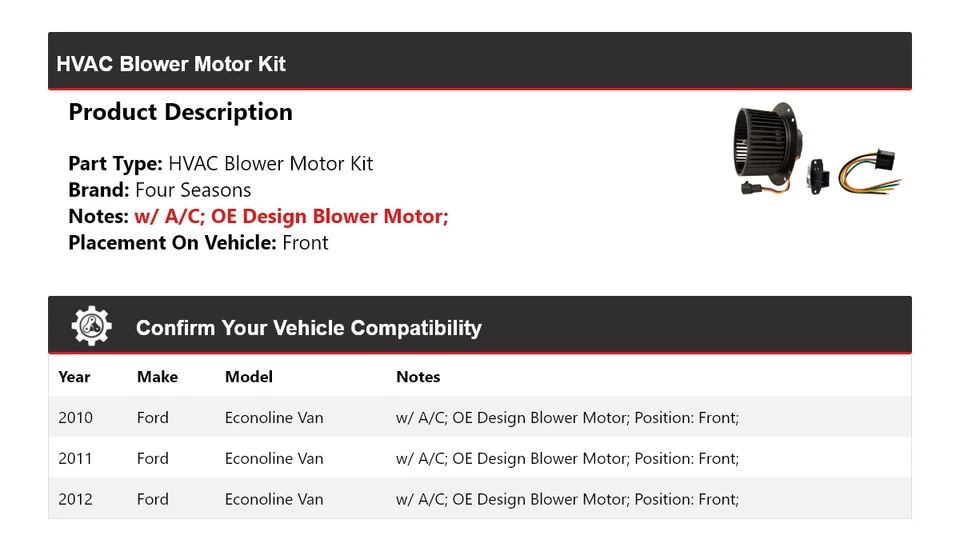 Комплект переднего двигателя вентилятора для фургона Ford Econoline 2010-2012 годов выпуска 4 сезона 2011 - Изображение 2 из 3