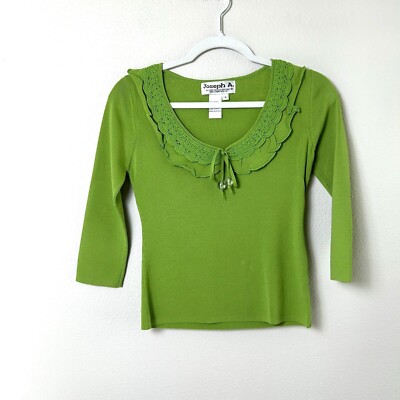Joseph A Top Womens Size S Green Ruffle Crochet Tassel Collar 3/4 Sleeve Career