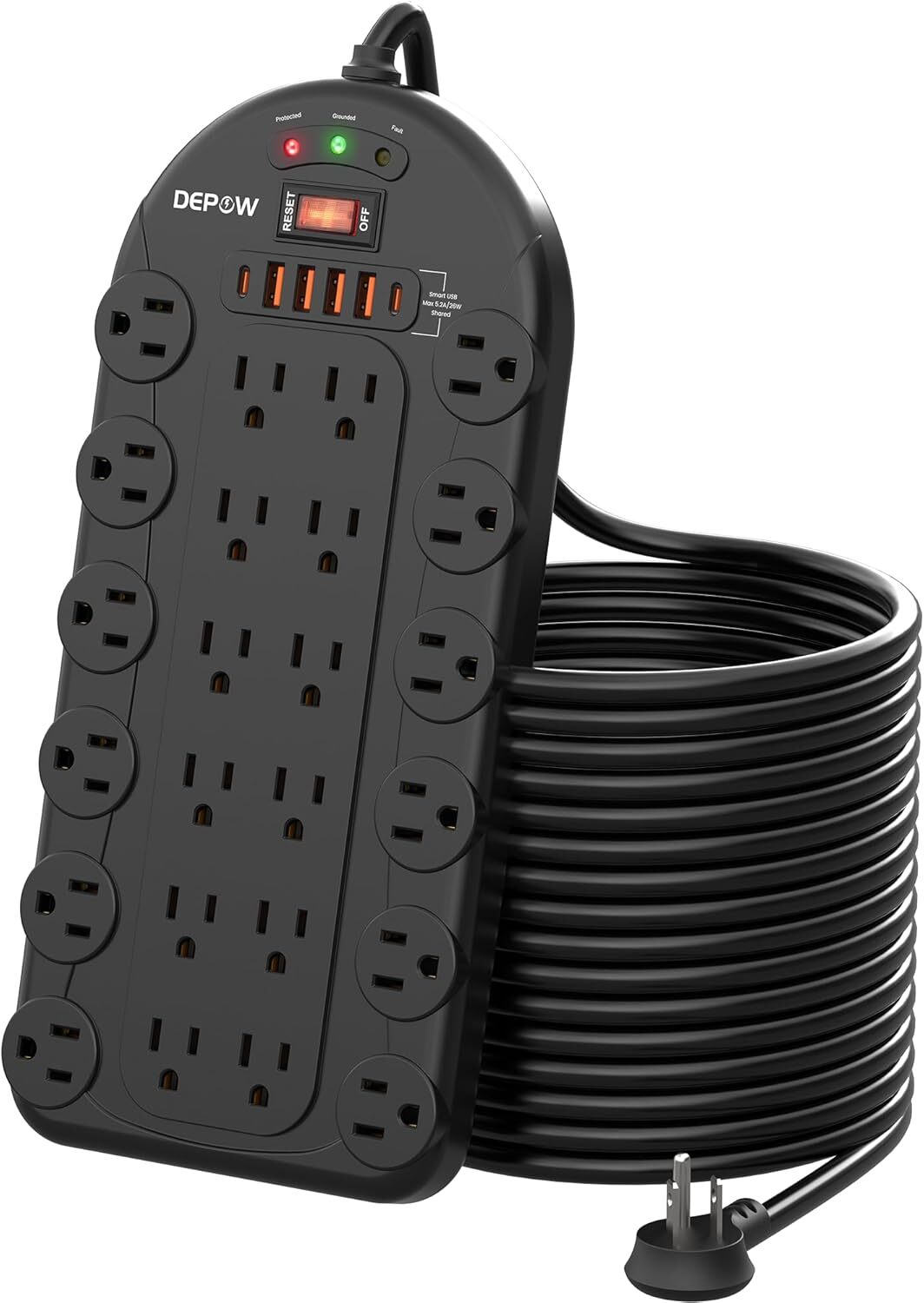 15Ft Power Strip Surge Protector (3,400 Joules), DEPOW 24 AC 15 FT, Black