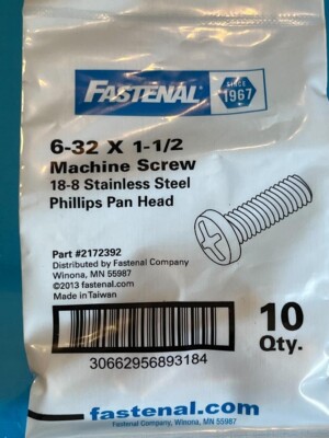 6-32 X 1- 1/2 Machine Screw GRD 18-8 Stainless Stl 10 Qty Phillips Pan Head C29c