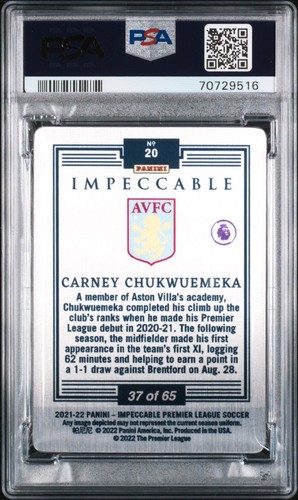 2021-22 Carney Chukwuemeka Panini Impeccable Rookie Metal Aston Villa /65 PSA 10 - Picture 2 of 3