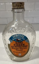 1976 VTG Log Cabin Maple Honey Syrup Bottle Bicentennial Glass Flask Orange Lbl.
