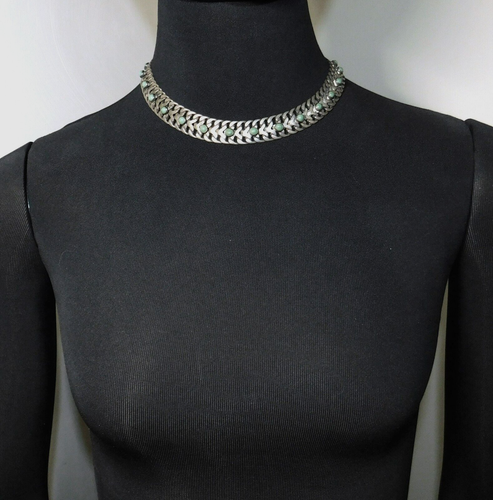 Collar Gargantilla Verde Turquesa Eslabón Plano Ancho de Colección México Plata Esterlina 925 - Imagen 2 de 10