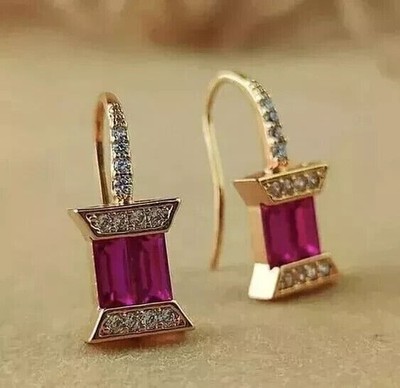 Baguette Cut Simulated Pink Ruby Hook Drop Earrings In 14k Yellow Gold Plated