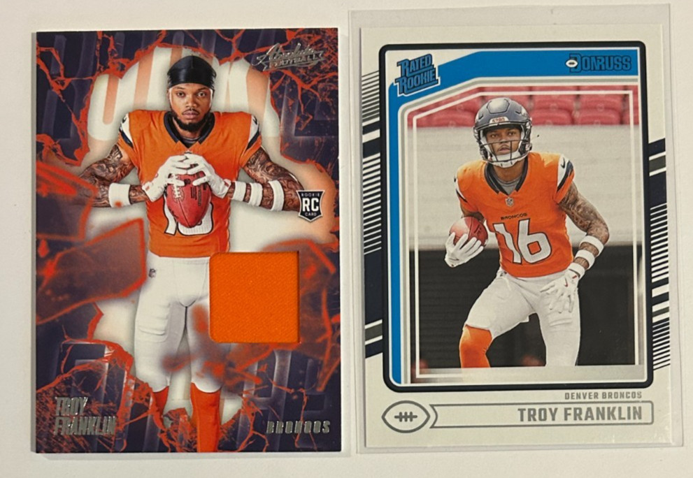 Troy Franklin 2024 Panini Absolute Rookie Fabrics RC #Rf-TFN + Donruss RR #338