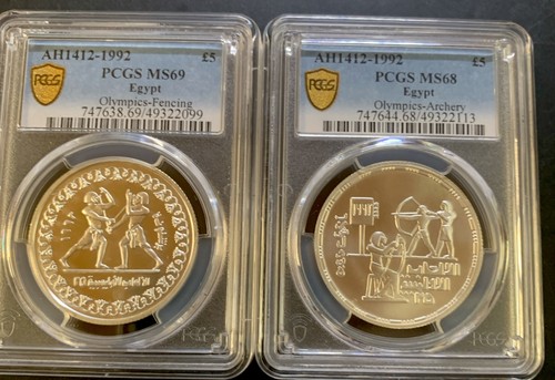Egypt Pair - AH1412-1992 Olympics Silver 5 Pd / Fencing & Archery / PCGS MS69/68
