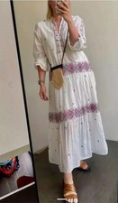 ZARA NEW WOMAN LONG DRESS MULTICOLOURED EMBROIDERY OYSTER WHITE Size XS 7521/057