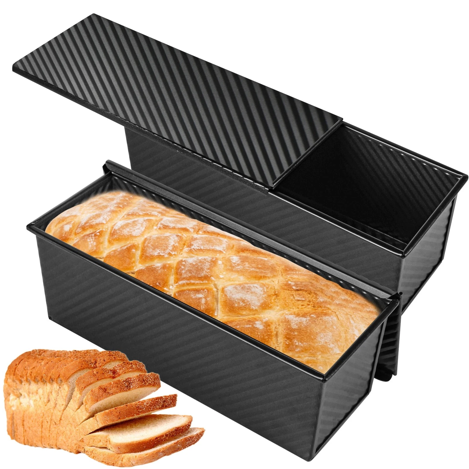 2-Pack Black 13inch Pullman Loaf Pan with Lid Premium Non-Stick Coating Bread...