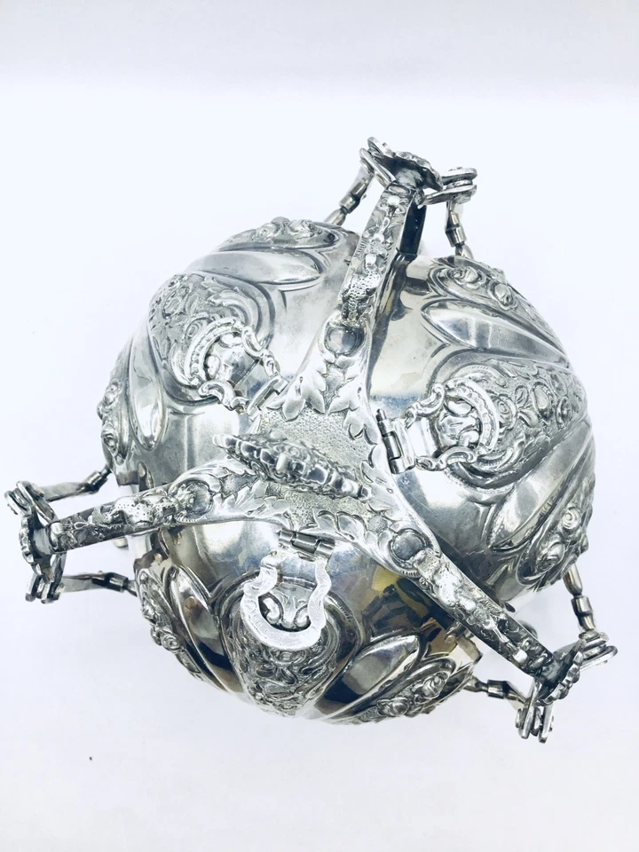 Caja de galletas plegable triple de plata de ley rara decoración floral ornamentada 47,9 OZT Foto 4 de 4