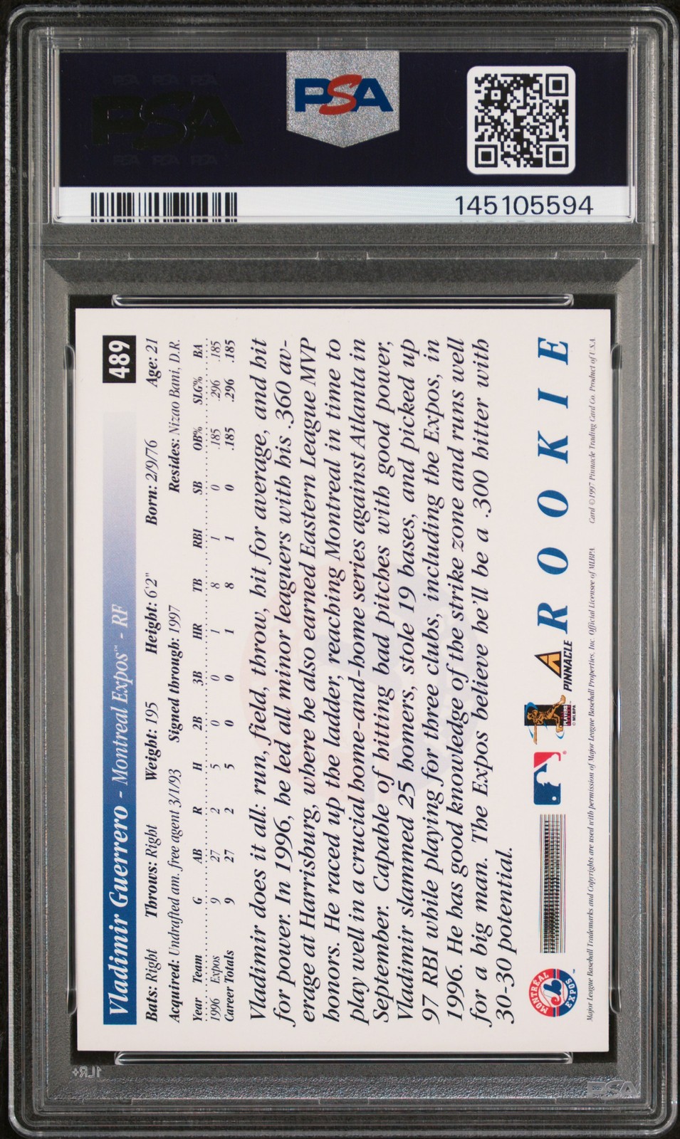 1997 SCORE #489 VLADIMIR GUERRERO PSA 10 view 2