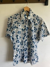 Vintage 70s Sears Kings Road Short Sleeve Button Shirt Blue Psychedelic Floral M