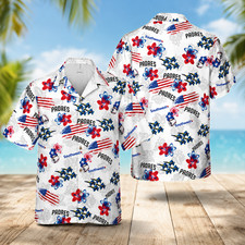 Patriotic Baseball Hawaiian Shirt USA Flag Floral Aloha Beach Vacation Button Up
