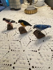 3 Sweet Vintage Handmade Wooden Birds Finch Blue Bird