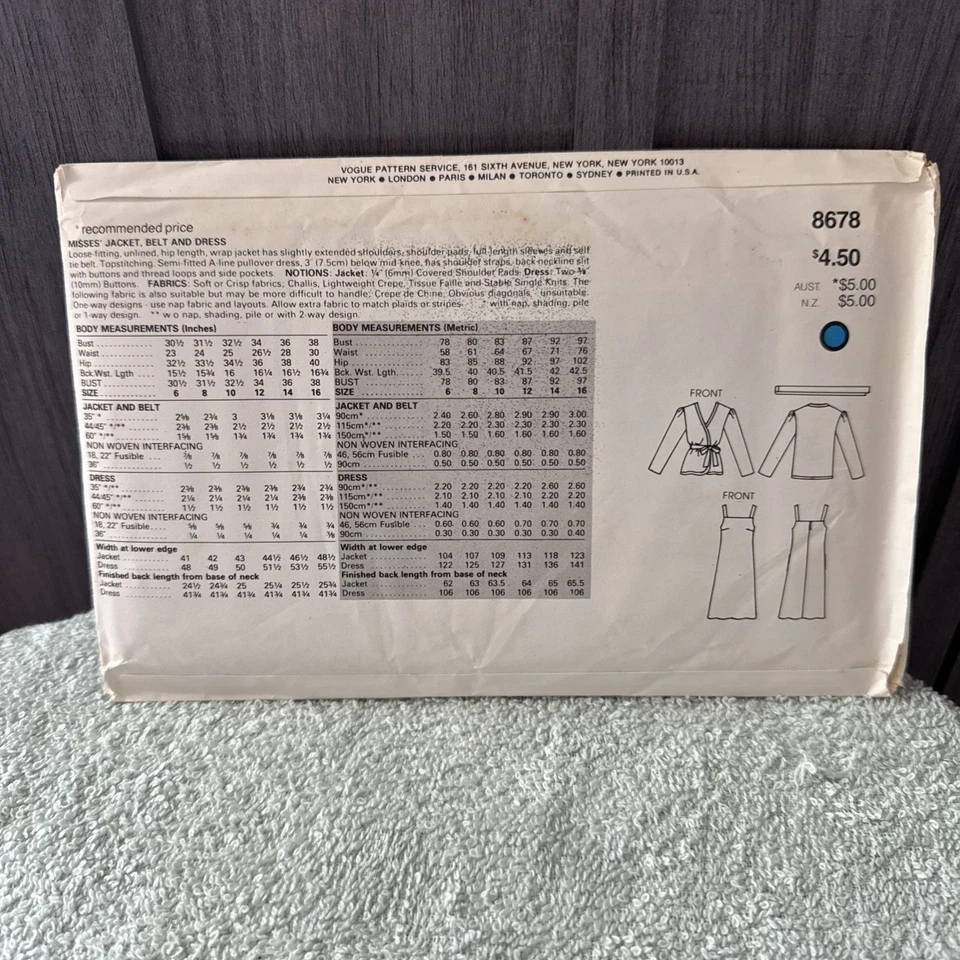 VINTAGE! 8678 Very Easy Vogue Sz 12 Sewing Pattern Misses 1980s Clothing - Image 2 of 2