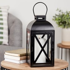 Holiday 12" Decorative Black Metal Pillar Candle Holder Lantern, Medium
