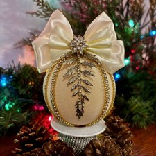 Flocked Beige Velvet Holiday Christmas Ornament Ball Handmade Gold Diamonds
