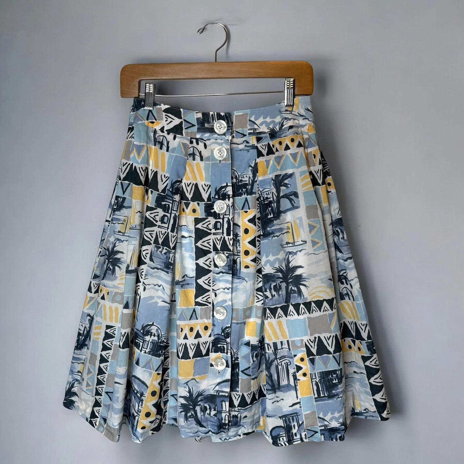 Feneuve Design Cotton Travel Motif Print Midi A-Line Button Skirt sz 40 / US 2