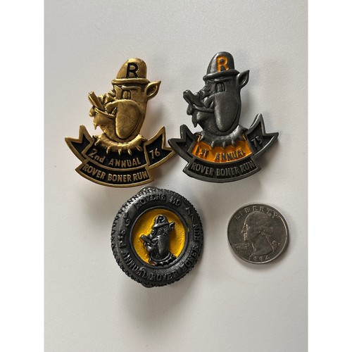 Vintage Rover MC 1st 2nd 3rd Annual Rover Boner Run Pins 1975 1976 1977 Bulldog