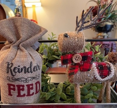 Christmas Reindeer Feed Sack Buffalo Check Set Rustic Farmhouse Holiday Decor